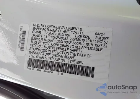 2024 Honda Odyssey Sport from USA, damaged, VIN 5FNRL6H76RB058793
